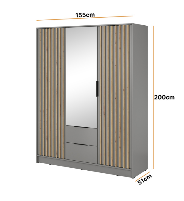 Szafa Stilo w kolorze szarym trzydrzwiowa z lustrem i lamelami na froncie