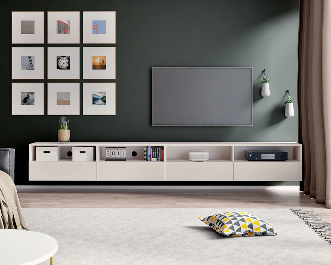 Elegancki zestaw RTV Tebris Dual 300 – cashmere, 2 szafki 150 cm z otworami na kable