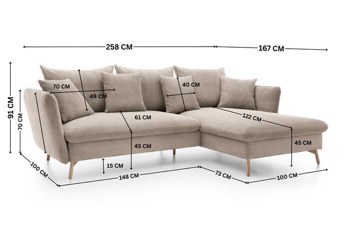 Narożnik MORRE prawostronny sztruks Poso 02 beżowy funkcja spania skandynawski