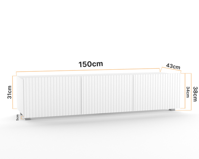 Szafka RTV Kolder 150 cm w kolorze białym i z ryflowanymi frontami
