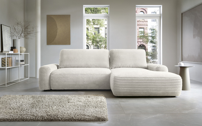 Narożnik sztruksowy z funkcją spania VIGO Ambience 01 Jasny Beż pojemnik