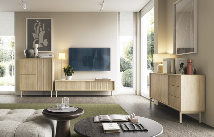 Stolik rtv TAVO dąb cremona 187 cm ryflowany 2 drzwi push to open