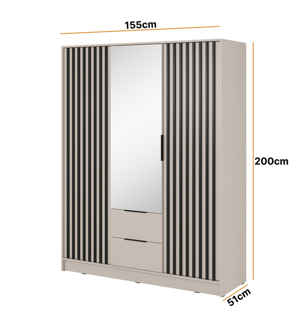 Szafa Stilo w kolorze cashmere trzydrzwiowa z lustrem i lamelami na froncie