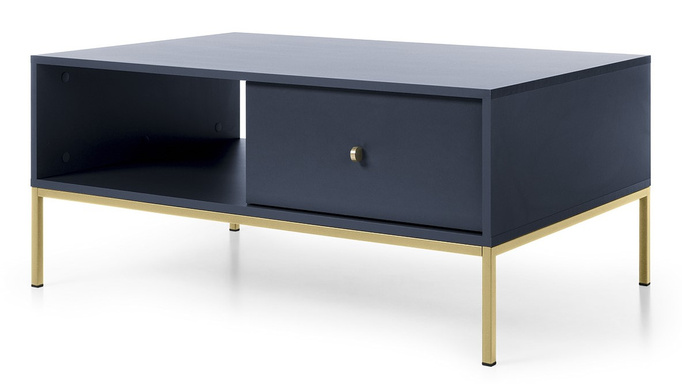 Prostokątna ława Bari z dwoma szufladami granatowa + złote nóżki