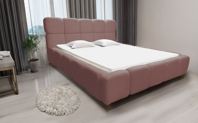 Różowe łóżko tapicerowane Lux 200x200 z pojemnikiem na pościel bukla