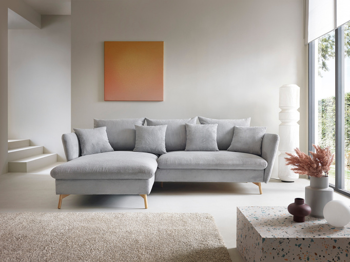 Narożnik MORRE lewostronny sztruks Poso 55 jasny popiel funkcja spania skandynawski