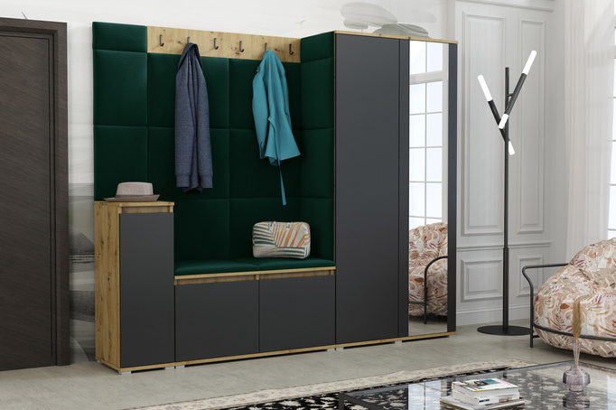 Tapicerowana garderoba Noris VIII z lustrem - kolor artisan z czarnym frontem + tkanina Trinity 28