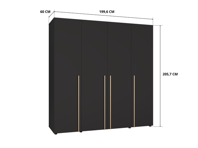 Szafa 4-Drzwiowa ARNI 200 cm Czarna – Matowa 11 Półek Do Sypialni
