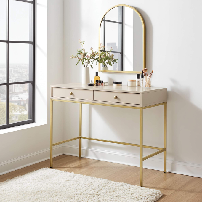 Stylowa toaletka Bari z dwoma szufladami beżowa + złote nóżki