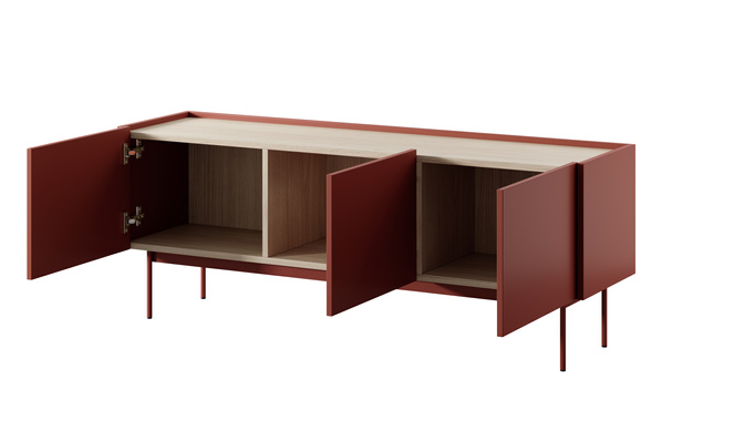 Szafka RTV 144cm Lumo w kolorze czerwonym i metalowymi nóżkami