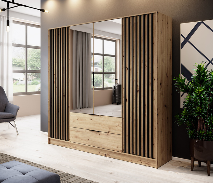 Szafa Stilo w kolorze dąb artisan czterodrzwiowa z lustrem i lamelami na froncie