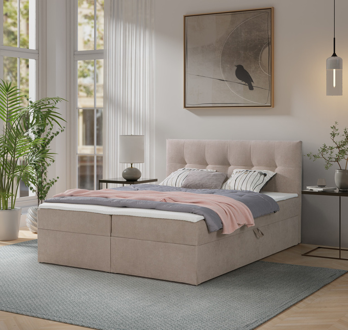 Łóżko kontynentalne Toronto 180×200 (Gerra 15 - Jasny beż) z materacem bonell i topperem