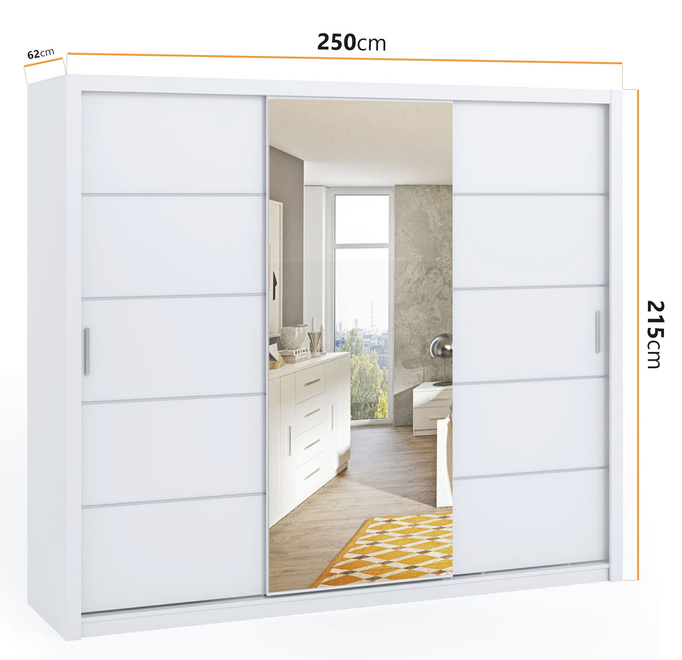 Biała szafa przesuwna Tamiza 250 cm z lustrem