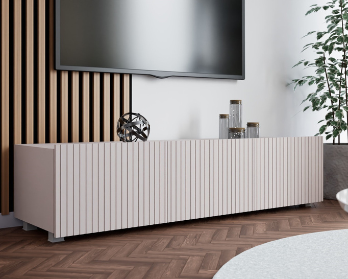 Szafka RTV Kolder 150 cm w kolorze cashmere i z ryflowanymi frontami