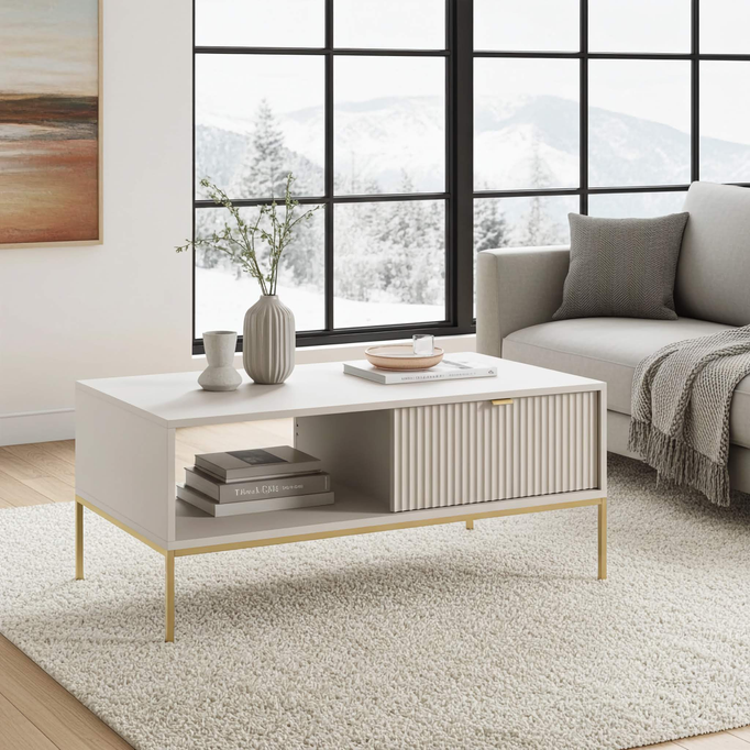 Prostokątna ława Kioto w kolorze cashmere i złotymi nóżkami