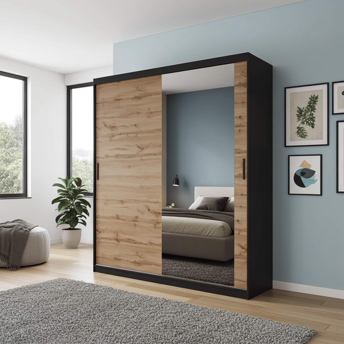 Szafa przesuwna MIRANO 200 cm dąb wotan – wysoka 215 cm, styl Loft