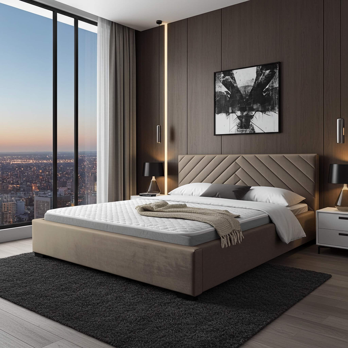 Łóżko tapicerowane TODI 90x200 jasny brąz welur pojemnik stelaż metalowy