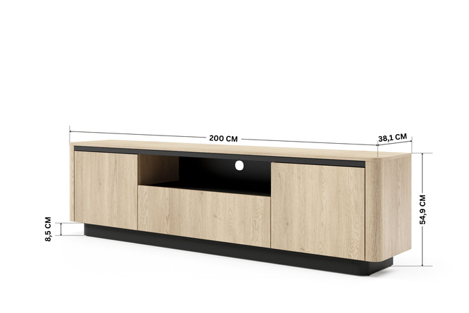 Stolik rtv TORRO dąb cremona 200 cm czarny 3 drzwi zaoblony push to open