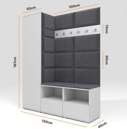 Tapicerowana garderoba Nela II - kolor biały + tkanina Trinity 15