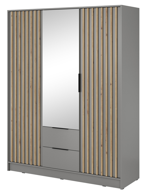 Szafa Stilo w kolorze szarym trzydrzwiowa z lustrem i lamelami na froncie