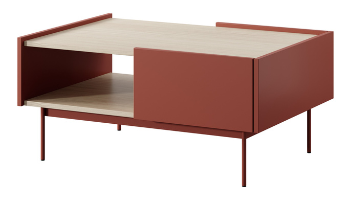 Stolik kawowy Lumo w kolorze czerwonym i metalowymi nóżkami