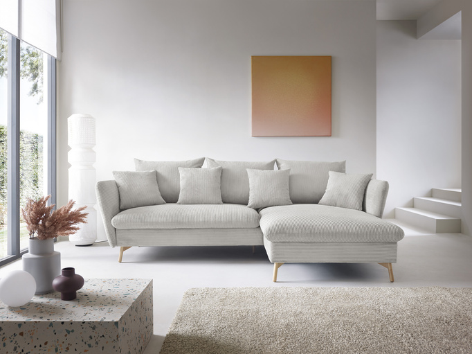 Narożnik MORRE prawostronny sztruks Poso 100 kremowy funkcja spania skandynawski