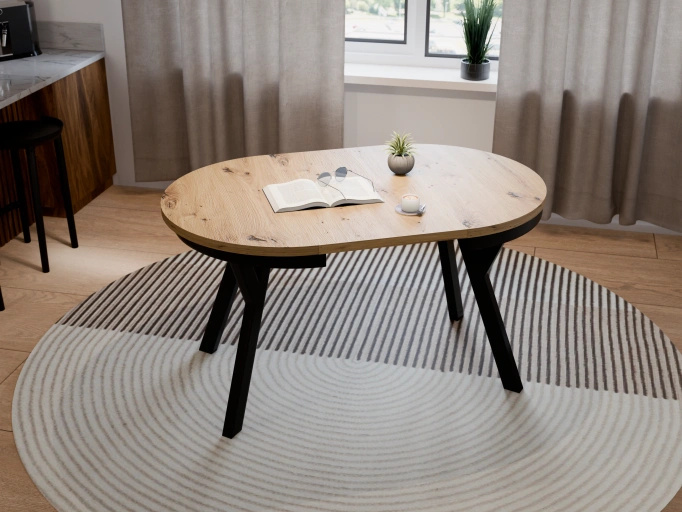 Stół Okrągły Rozkładany ARI 90-190 cm Dąb Artisan – Loft Czarne Nogi