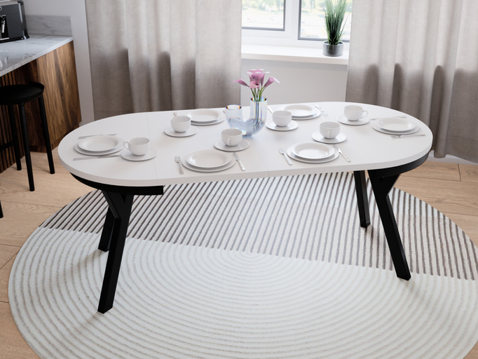 Stół Okrągły Rozkładany ARI 90-190 cm Biały Mat – Loftowe Czarne Nogi