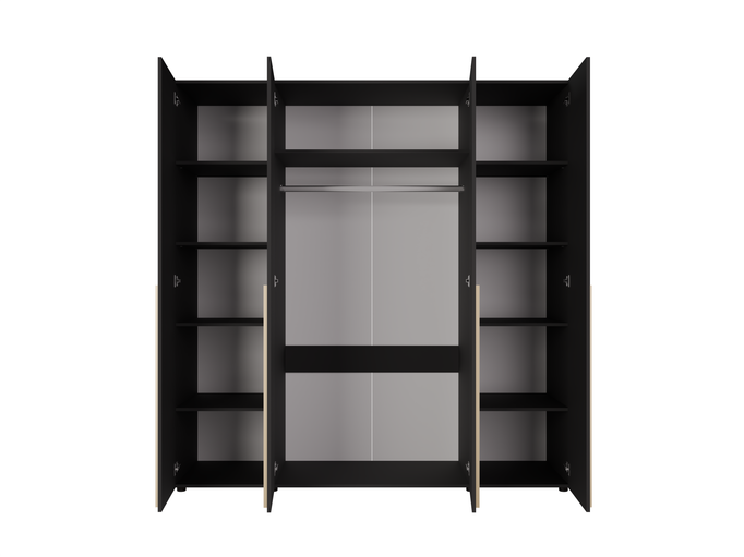 Szafa 4-Drzwiowa ARNI 200 cm Czarna – Matowa 11 Półek Do Sypialni