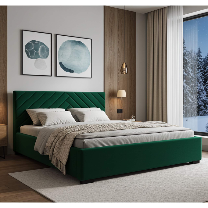 Łóżko tapicerowane TODI 90x200 butelkowa zieleń welur pojemnik stelaż metalowy