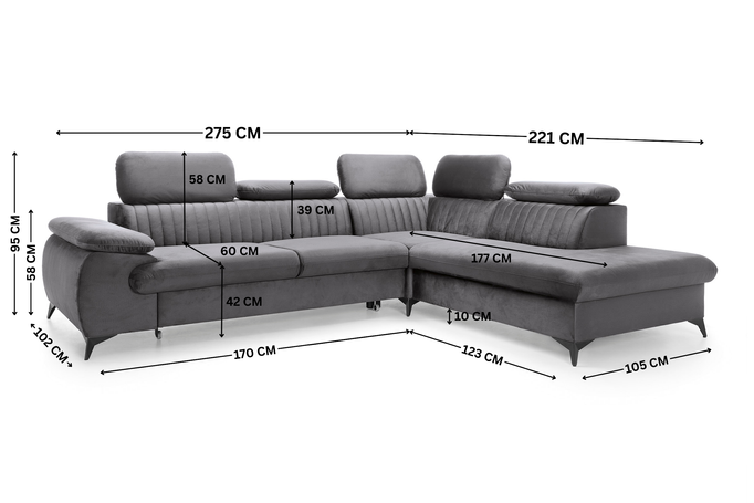 Narożnik VETTO prawostronny Monolith 92 popielaty ciemny szary welur funkcja spania