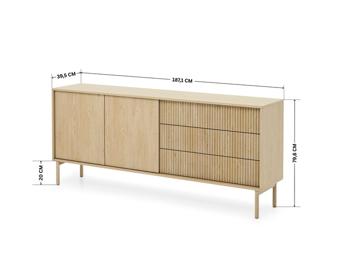Komoda TAVO dąb cremona 187 cm 3 szuflady ryflowana push to open