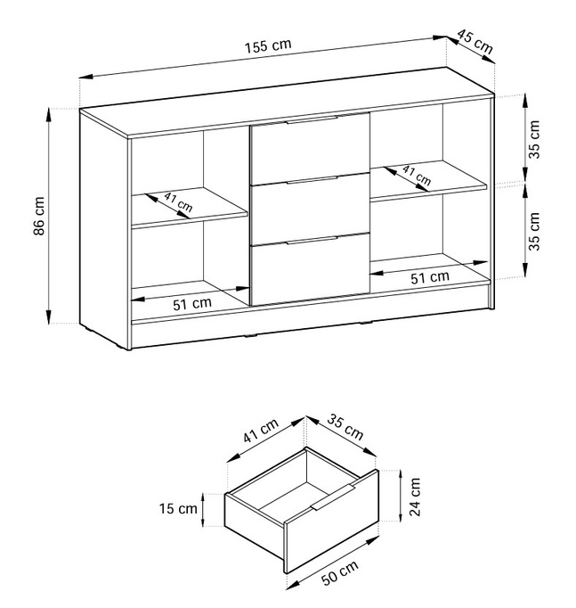 Komoda Stilo 155cm w kolorze dąb artisan + czarne lamele