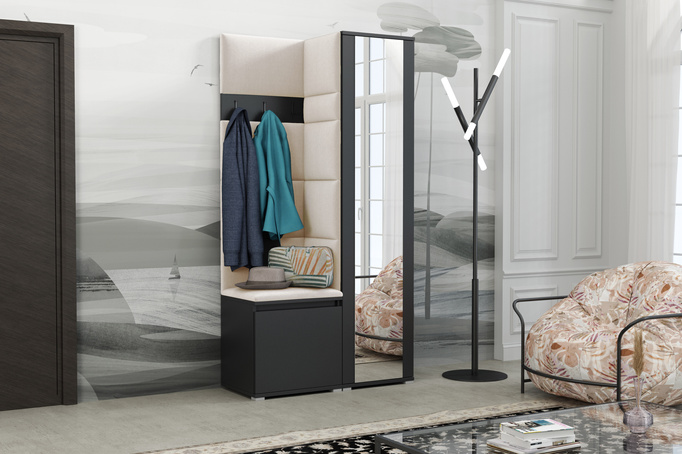 Tapicerowana garderoba Noris VI z lustrem - czarny + tkanina Trinity 01