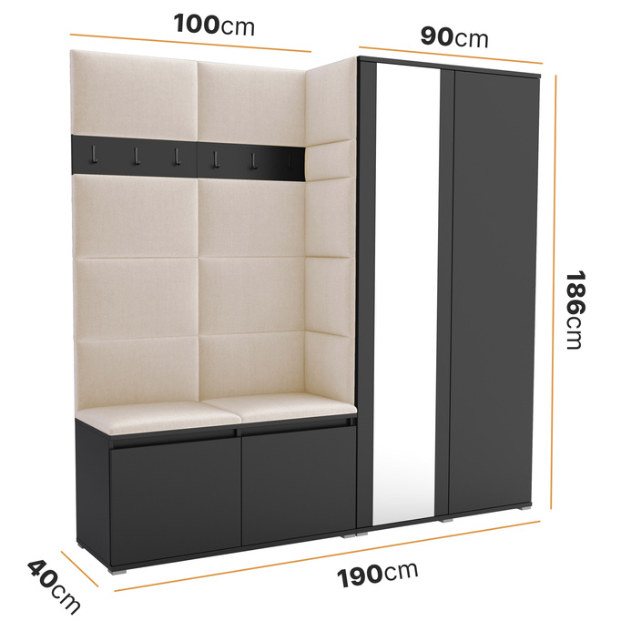 Tapicerowana garderoba Noris IV z lustrem - kolor czarny + tkanina Trinity 16