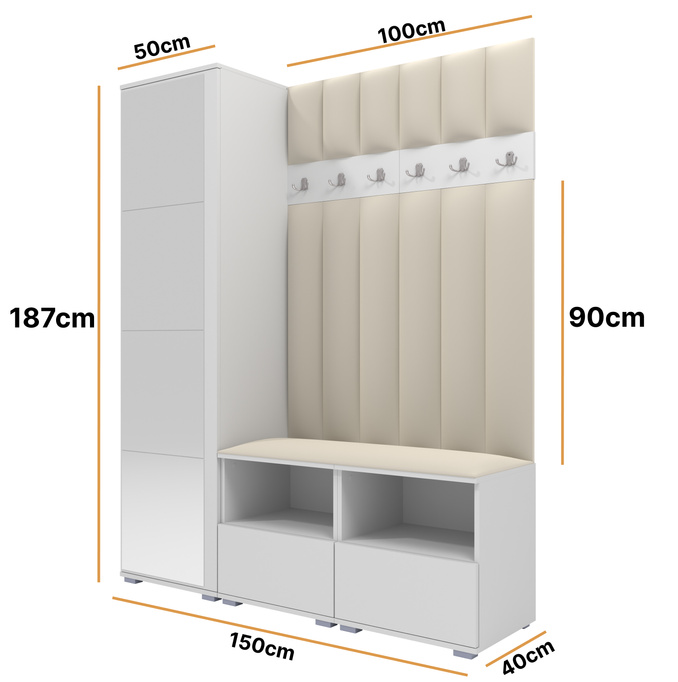 Tapicerowana garderoba Nela II LUX z lustrem - kolor biały + tkanina Trinity 01