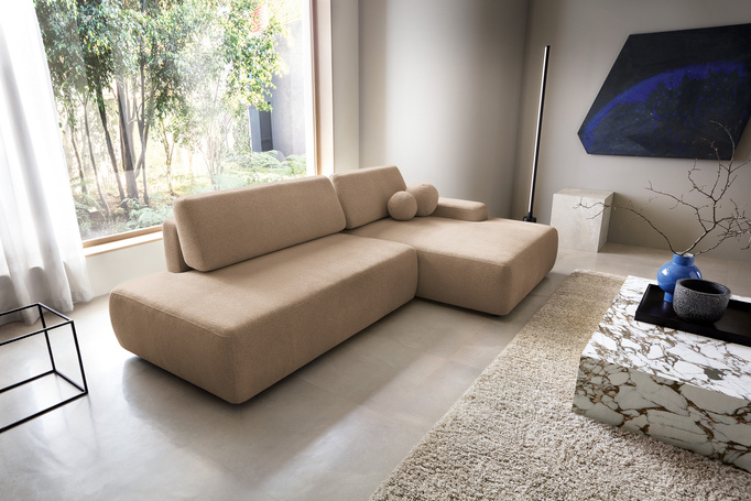 Narożnik OLMI O prawostronny Raven 38 brązowy styl soft funkcja spania + poduszki