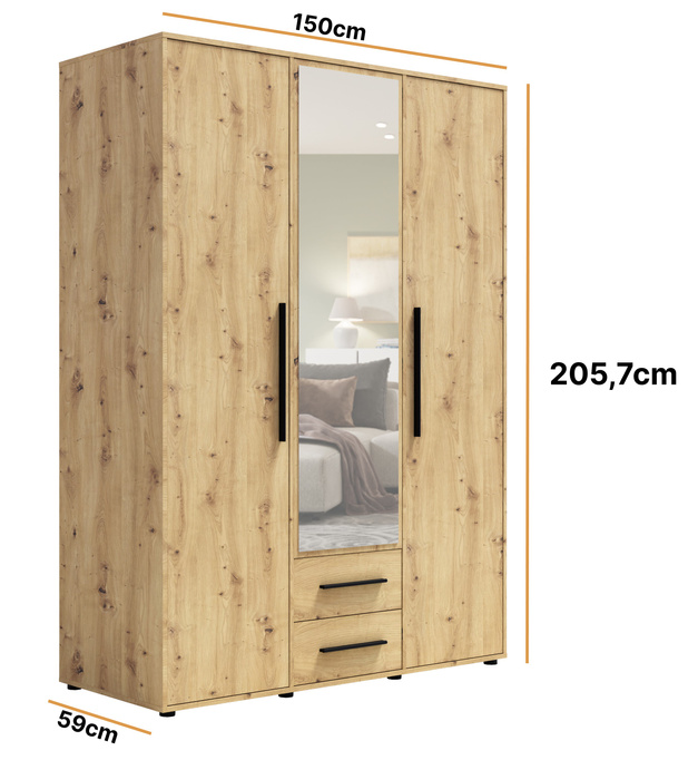 Szafa Modena SZ3D2SZ w kolorze dąb artisan z lustrem