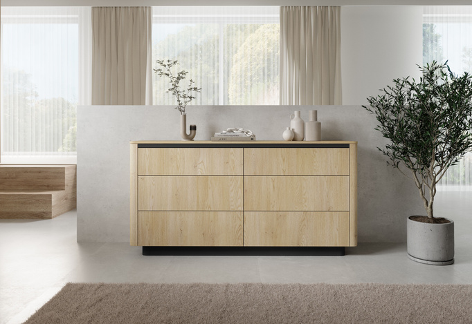 Komoda TORRO dąb cremona 163 cm czarna 6 szuflad zaoblona push to open