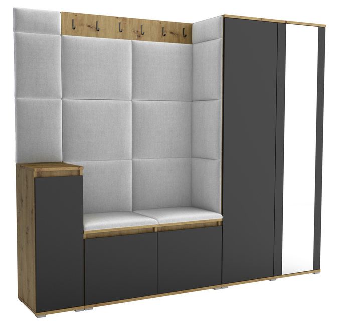 Tapicerowana garderoba Noris VIII z lustrem - kolor artisan z czarnym frontem + tkanina Trinity 32