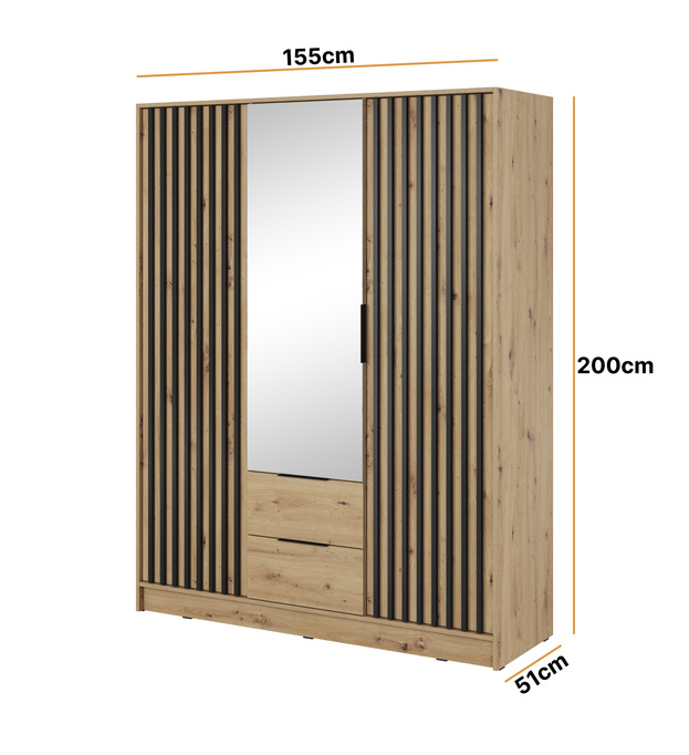 Szafa Stilo w kolorze dąb artisan trzydrzwiowa z lustrem i lamelami na froncie
