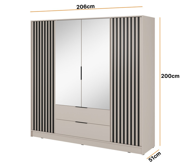 Szafa Stilo w kolorze cashmere czterodrzwiowa z lustrem i lamelami na froncie