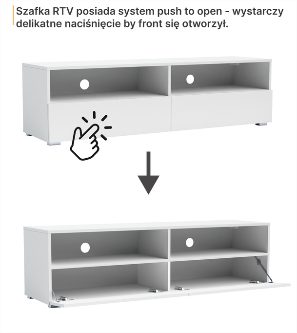 Nowoczesny zestaw RTV Tebris Dual 300 – biały mat, 2 szafki 150 cm z push to open