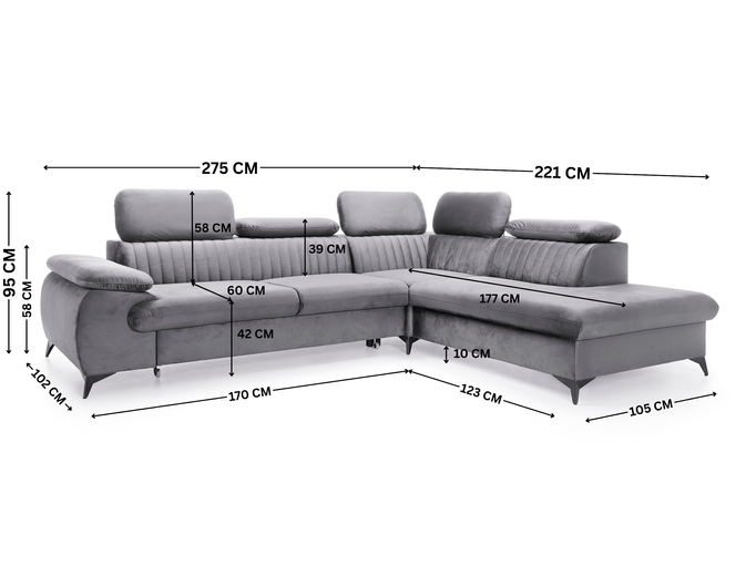 Narożnik VETTO prawostronny Monolith 85 szary welur funkcja spania