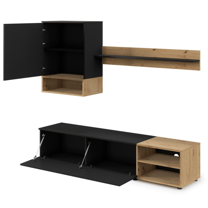 Meblościanka Vento 180 cm – nowoczesny zestaw mebli RTV do salonu, matowa czerń i dąb artisan