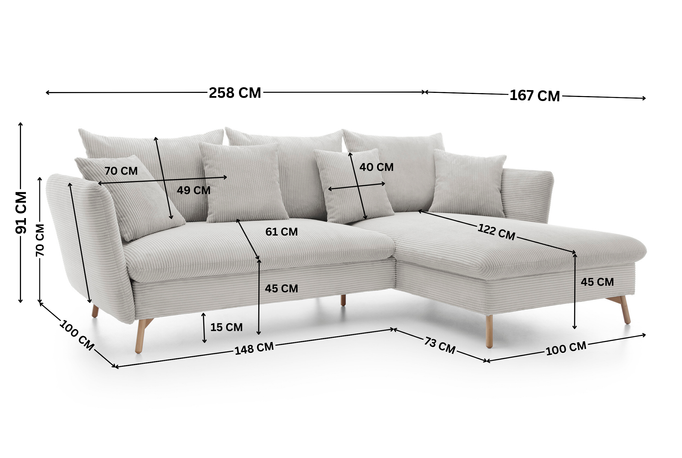 Narożnik MORRE lewostronny sztruks Poso 100 kremowy funkcja spania skandynawski