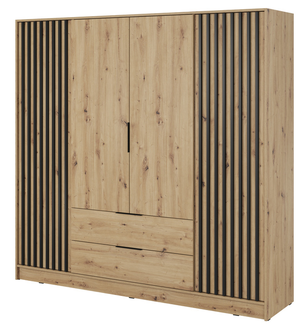 Szafa Stilo w kolorze dąb artisan czterodrzwiowa z szufladami i lamelami na froncie