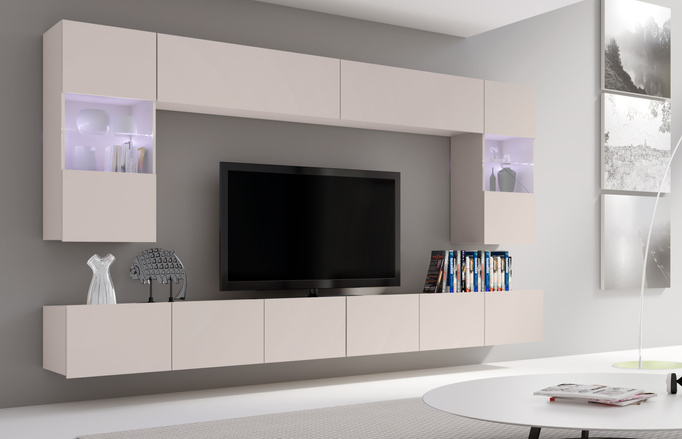 Meblościanka Montreal I w kolorze cashmere + białe oświetlenie LED