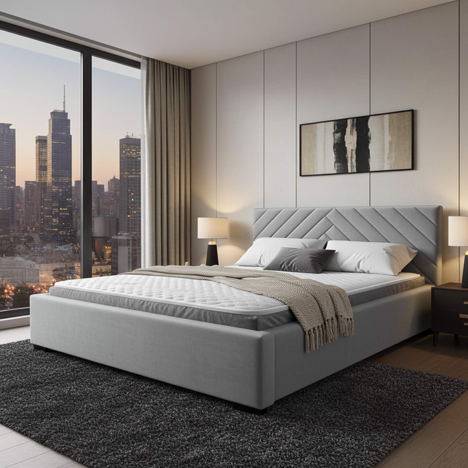 Łóżko tapicerowane TODI 120x200 jasnoszare welur pojemnik stelaż metalowy