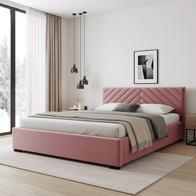 Łóżko tapicerowane TODI 140x200 różowe welur pojemnik stelaż metalowy